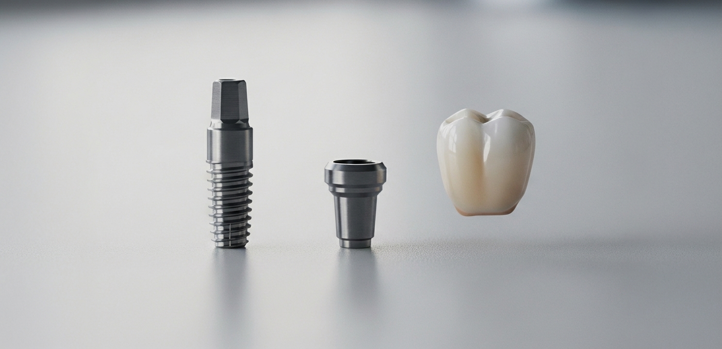 Dental Implant System Components Display Dental Implants in Turkey consist of three main parts: the implant, abutment, and crown.