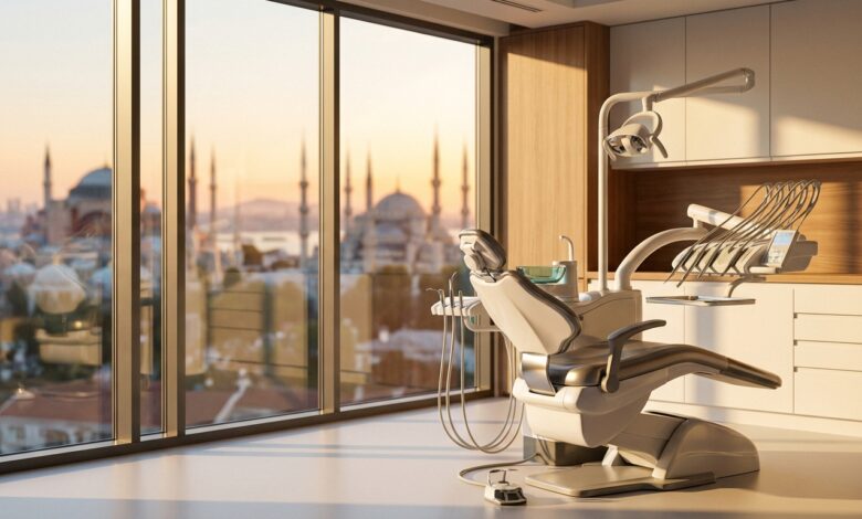 A photorealistic image of an empty, modern dental treatment room featuring a high-tech chair, with a large window in the background showing a beautifully blurred, panoramic view of the Istanbul skyline at sunset.