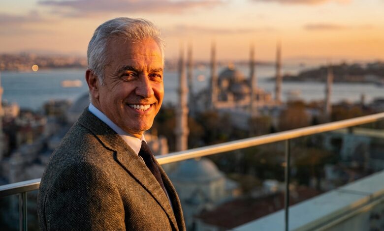 A close-up portrait of a happy, mature man with a brilliant, healthy smile. In the background, the Istanbul skyline is softly blurred during a beautiful sunset, symbolizing a successful dental tourism journey.