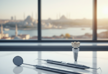 Close-up of modern, sterile dental instruments on a clean surface, with a blurred panoramic view of Istanbul's iconic skyline in the background, symbolizing dental tourism.