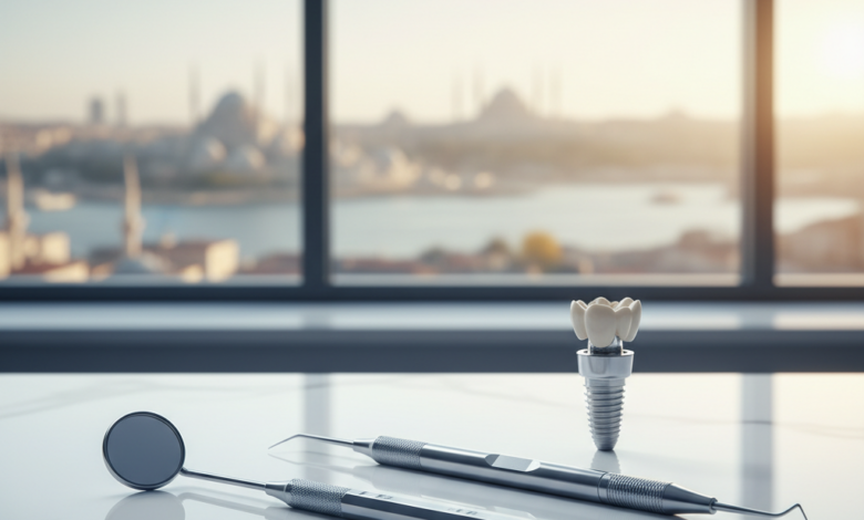 Close-up of modern, sterile dental instruments on a clean surface, with a blurred panoramic view of Istanbul's iconic skyline in the background, symbolizing dental tourism.