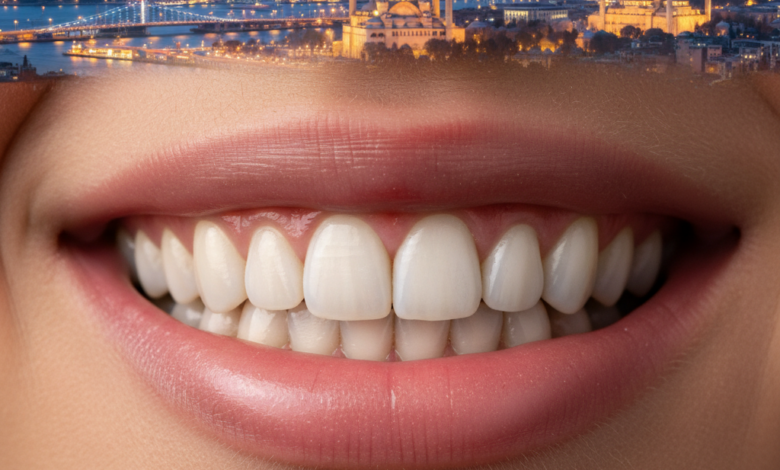 Gros plan d'une bouche affichant un sourire large et confiant avec des dents blanches et parfaitement alignées. L'arrière-plan est un panorama flou et chaleureux d'une ville moderne au crépuscule, avec des lumières scintillantes.