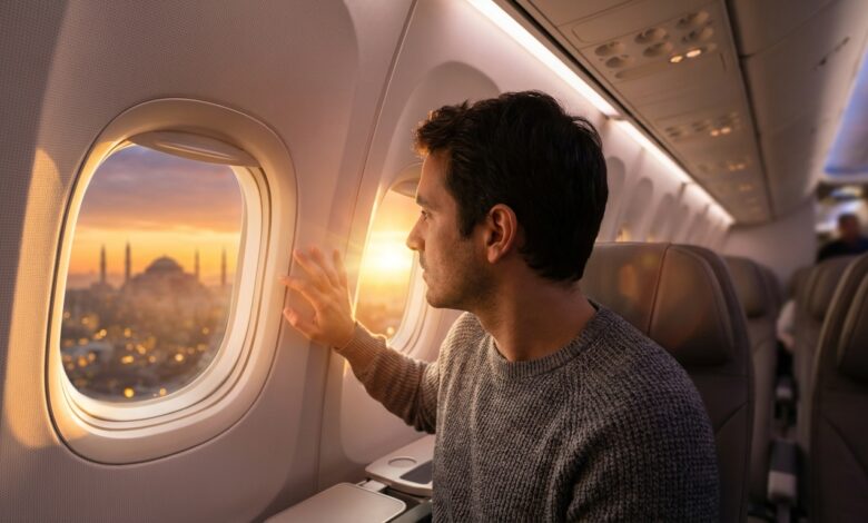 A man sits in a modern airplane seat, looking out the window at a breathtaking, softly focused view of the Istanbul, Turkey skyline during a beautiful sunrise, representing a journey for a hair transplant.