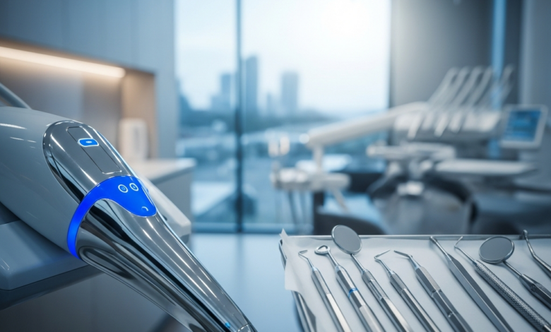 Image photoréaliste d'un équipement dentaire moderne et sophistiqué au premier plan, comme un scanner intra-oral ou des instruments de précision, avec un arrière-plan flou d'une clinique dentaire lumineuse et un paysage urbain australien indistinct à travers une fenêtre. L'ambiance est propre, professionnelle et technologique.