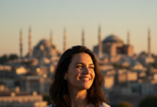 A person with a bright, confident smile, facing away or subtly to the side, with a beautifully blurred, warm-toned Istanbul cityscape featuring iconic mosques and historical buildings in the background under a clear sky. The focus is on the feeling of happiness and the vacation atmosphere.