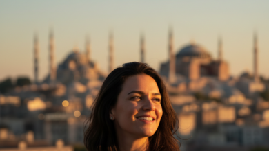 A person with a bright, confident smile, facing away or subtly to the side, with a beautifully blurred, warm-toned Istanbul cityscape featuring iconic mosques and historical buildings in the background under a clear sky. The focus is on the feeling of happiness and the vacation atmosphere.
