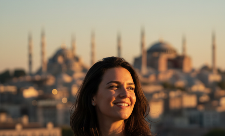 A person with a bright, confident smile, facing away or subtly to the side, with a beautifully blurred, warm-toned Istanbul cityscape featuring iconic mosques and historical buildings in the background under a clear sky. The focus is on the feeling of happiness and the vacation atmosphere.