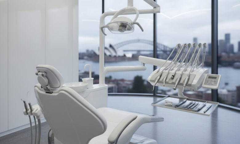 Image photoréaliste d'un cabinet dentaire moderne et high-tech, avec un fauteuil dentaire stérile et des instruments brillants au premier plan. À l'arrière-plan, une vue floue et lointaine d'une ville australienne emblématique, suggérant l'emplacement coûteux des services.