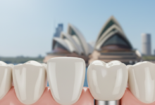 Image photoréaliste en gros plan d'une facette dentaire en porcelaine et d'un implant dentaire avec sa couronne, mis en valeur par une lumière cinématographique. L'arrière-plan est un paysage urbain australien flou et indistinct, suggérant la ville de Sydney. L'accent est mis sur la qualité et la sophistication des prothèses dentaires.