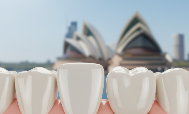 Image photoréaliste en gros plan d'une facette dentaire en porcelaine et d'un implant dentaire avec sa couronne, mis en valeur par une lumière cinématographique. L'arrière-plan est un paysage urbain australien flou et indistinct, suggérant la ville de Sydney. L'accent est mis sur la qualité et la sophistication des prothèses dentaires.