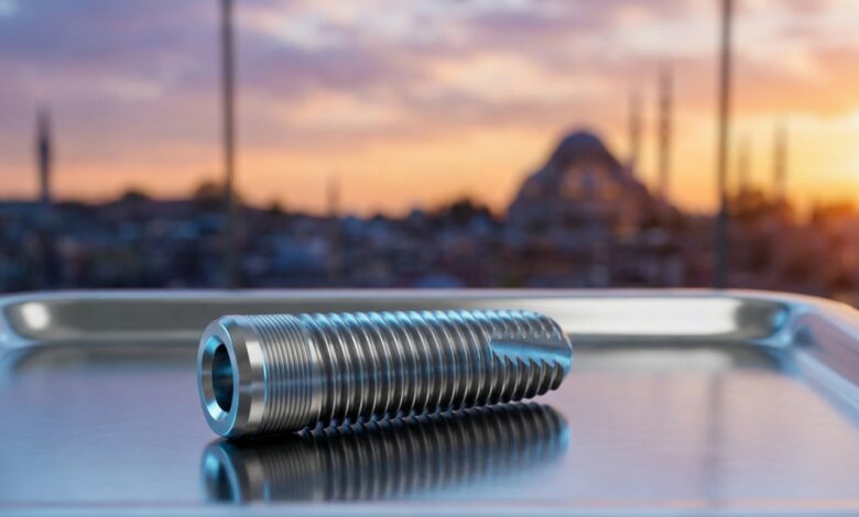A photorealistic close-up of a sterile, titanium dental implant on a clean surface. In the heavily blurred background, the Istanbul, Turkey skyline is visible through a window during a warm sunset, representing dental tourism.