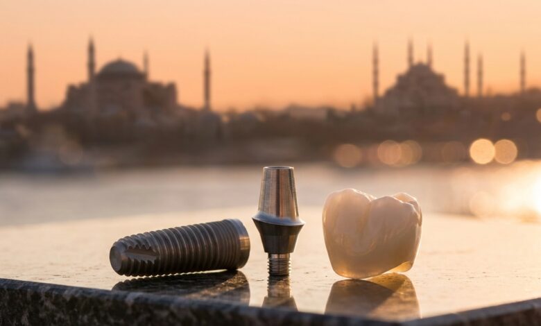 A photorealistic close-up of a complete dental implant's components—a titanium screw, an abutment, and a ceramic crown—with the iconic Istanbul skyline softly blurred in the background during a warm sunrise.
