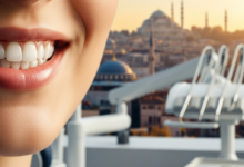 Une personne sourit de manière confiante avec des dents blanches et saines, dans un environnement moderne de clinique dentaire floue. En arrière-plan, la silhouette floue et reconnaissable de la ville d'Istanbul avec ses dômes et minarets apparaît sous un ciel chaleureux et invitant.