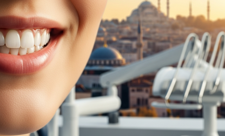 Une personne sourit de manière confiante avec des dents blanches et saines, dans un environnement moderne de clinique dentaire floue. En arrière-plan, la silhouette floue et reconnaissable de la ville d'Istanbul avec ses dômes et minarets apparaît sous un ciel chaleureux et invitant.