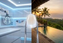 A split-screen image comparing dental tourism destinations. The left side shows a modern, sterile dental clinic, while the right side shows a beautiful tropical beach scene. A perfect porcelain veneer is centered between them.