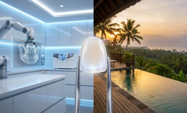 A split-screen image comparing dental tourism destinations. The left side shows a modern, sterile dental clinic, while the right side shows a beautiful tropical beach scene. A perfect porcelain veneer is centered between them.
