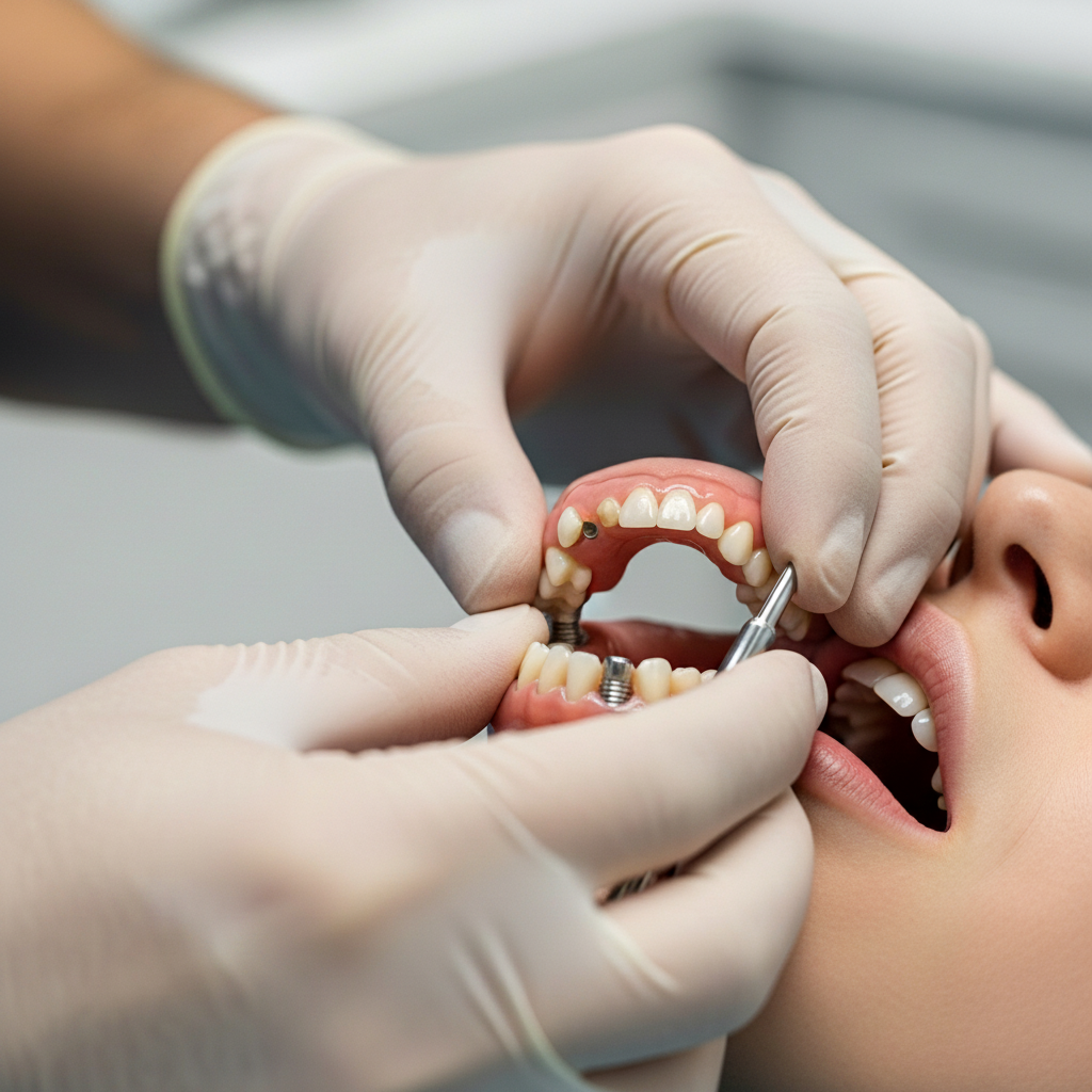 Securing Final Dental Implant Bridge Full Mouth Dental Implants Cost Australia: Witnessing the final prosthesis delivery for a complete smile restoration.