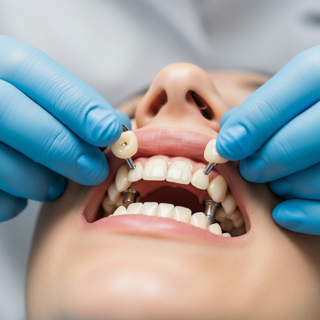 Couronne dentaire définitive fixée sur implant Implants Dentaires : La pose minutieuse des couronnes définitives, finalisant un sourire restauré et fonctionnel.