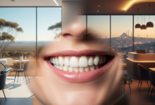 Une image photoréaliste d'une bouche souriante avec des dents saines et lumineuses, le tout devant un arrière-plan flou qui représente un contraste conceptuel entre un paysage australien vaste et une ville turque moderne.