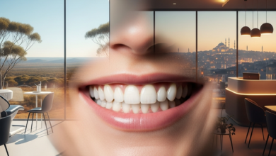 Une image photoréaliste d'une bouche souriante avec des dents saines et lumineuses, le tout devant un arrière-plan flou qui représente un contraste conceptuel entre un paysage australien vaste et une ville turque moderne.