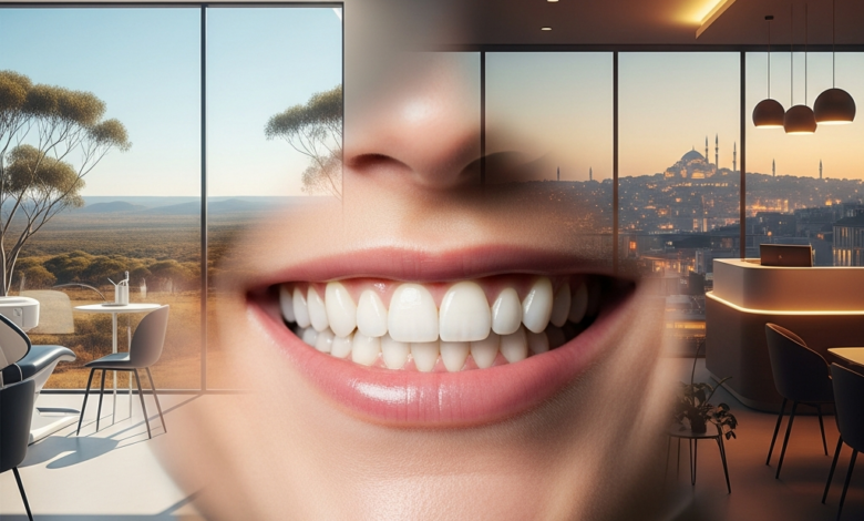 Une image photoréaliste d'une bouche souriante avec des dents saines et lumineuses, le tout devant un arrière-plan flou qui représente un contraste conceptuel entre un paysage australien vaste et une ville turque moderne.