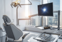 Vue rapprochée d'une salle d'examen dentaire moderne et immaculée avec un fauteuil dentaire high-tech, des instruments stériles et un éclairage clinique. L'arrière-plan est flou, indiquant un environnement professionnel.