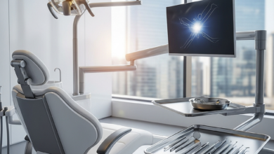 Vue rapprochée d'une salle d'examen dentaire moderne et immaculée avec un fauteuil dentaire high-tech, des instruments stériles et un éclairage clinique. L'arrière-plan est flou, indiquant un environnement professionnel.