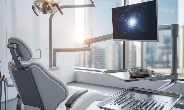 Vue rapprochée d'une salle d'examen dentaire moderne et immaculée avec un fauteuil dentaire high-tech, des instruments stériles et un éclairage clinique. L'arrière-plan est flou, indiquant un environnement professionnel.