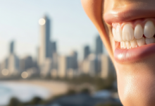 Close-up of a radiant, natural-looking smile with perfect white teeth, implying a full mouth dental restoration. The background is a highly blurred, bright Australian city skyline or coastal scene.