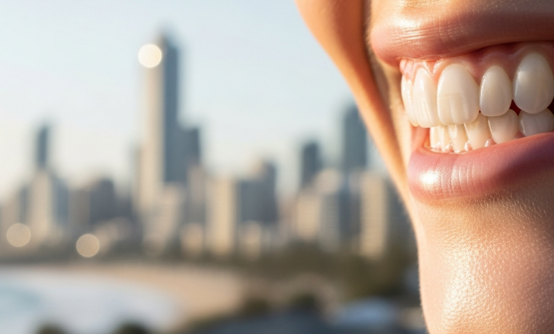 Close-up of a radiant, natural-looking smile with perfect white teeth, implying a full mouth dental restoration. The background is a highly blurred, bright Australian city skyline or coastal scene.