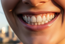 Close-up of a person's beautiful, bright white, perfectly aligned teeth in a confident smile. The background is softly blurred, showing an iconic Australian cityscape like Sydney Harbour at sunset, with warm, golden light.