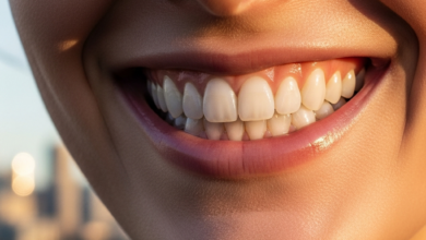 Close-up of a person's beautiful, bright white, perfectly aligned teeth in a confident smile. The background is softly blurred, showing an iconic Australian cityscape like Sydney Harbour at sunset, with warm, golden light.