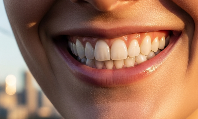 Close-up of a person's beautiful, bright white, perfectly aligned teeth in a confident smile. The background is softly blurred, showing an iconic Australian cityscape like Sydney Harbour at sunset, with warm, golden light.