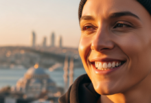 Gros plan photoréaliste d'une personne souriante et confiante avec des dents parfaitement saines, sur un fond flou mais vibrant d'un paysage urbain d'Istanbul au coucher du soleil ou au lever du soleil.