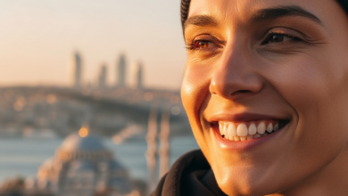 Gros plan photoréaliste d'une personne souriante et confiante avec des dents parfaitement saines, sur un fond flou mais vibrant d'un paysage urbain d'Istanbul au coucher du soleil ou au lever du soleil.