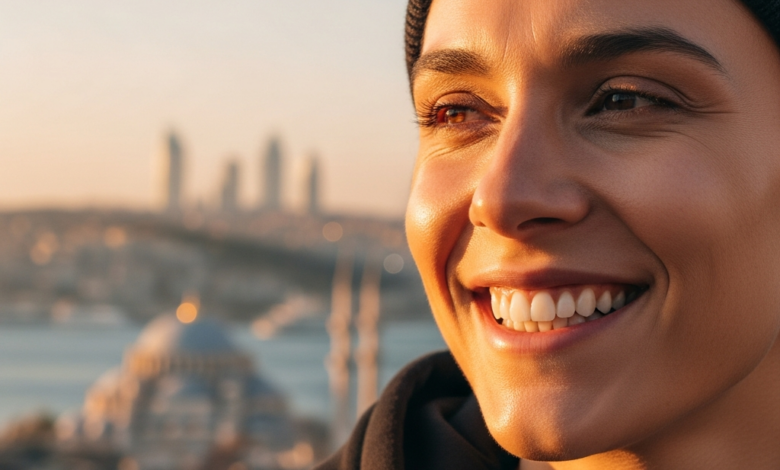 Gros plan photoréaliste d'une personne souriante et confiante avec des dents parfaitement saines, sur un fond flou mais vibrant d'un paysage urbain d'Istanbul au coucher du soleil ou au lever du soleil.