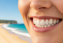 Gros plan photoréaliste sur un sourire confiant avec des dents blanches et alignées, symbolisant une transformation dentaire esthétique. En arrière-plan flou, une scène côtière australienne ensoleillée avec plage et mer.