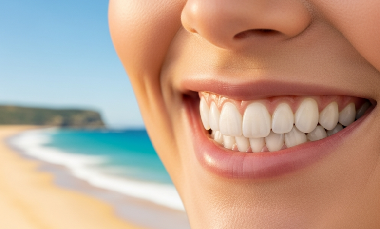 Gros plan photoréaliste sur un sourire confiant avec des dents blanches et alignées, symbolisant une transformation dentaire esthétique. En arrière-plan flou, une scène côtière australienne ensoleillée avec plage et mer.