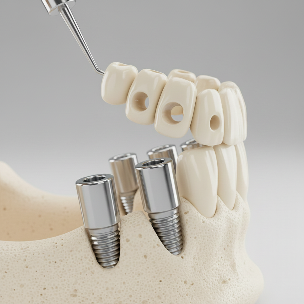 All-on-4 Dental Implants are surgically placed into the jawbone, then a provisional bridge is attached.