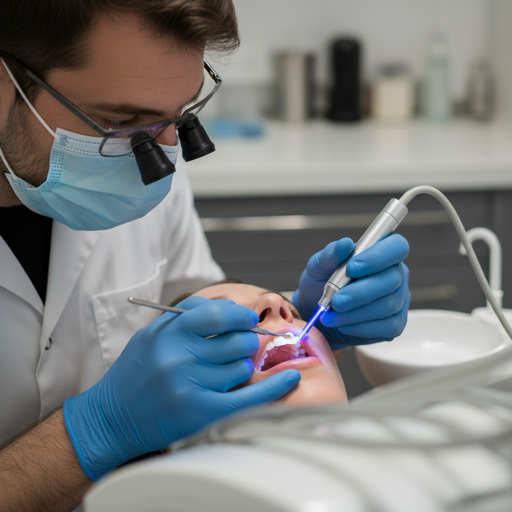 Dental bonding resin application and curing Composite Bonding Australia: Dentist expertly applies and shapes resin for a natural-looking smile.