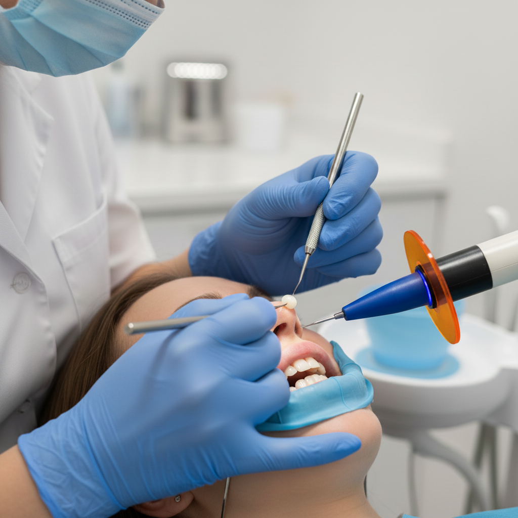 Composite Bonding Cost Australia: Expert dentist meticulously applies and sculpts resin for aesthetic tooth enhancement.
