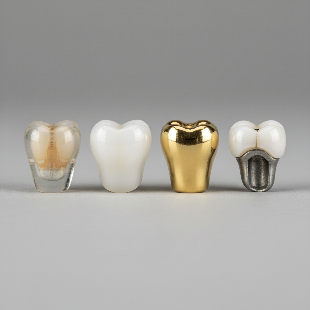 Comparing different dental crown materials. Dental Crowns Australia – exploring different types including ceramic, zirconia, metal, and PFM options for restoration.