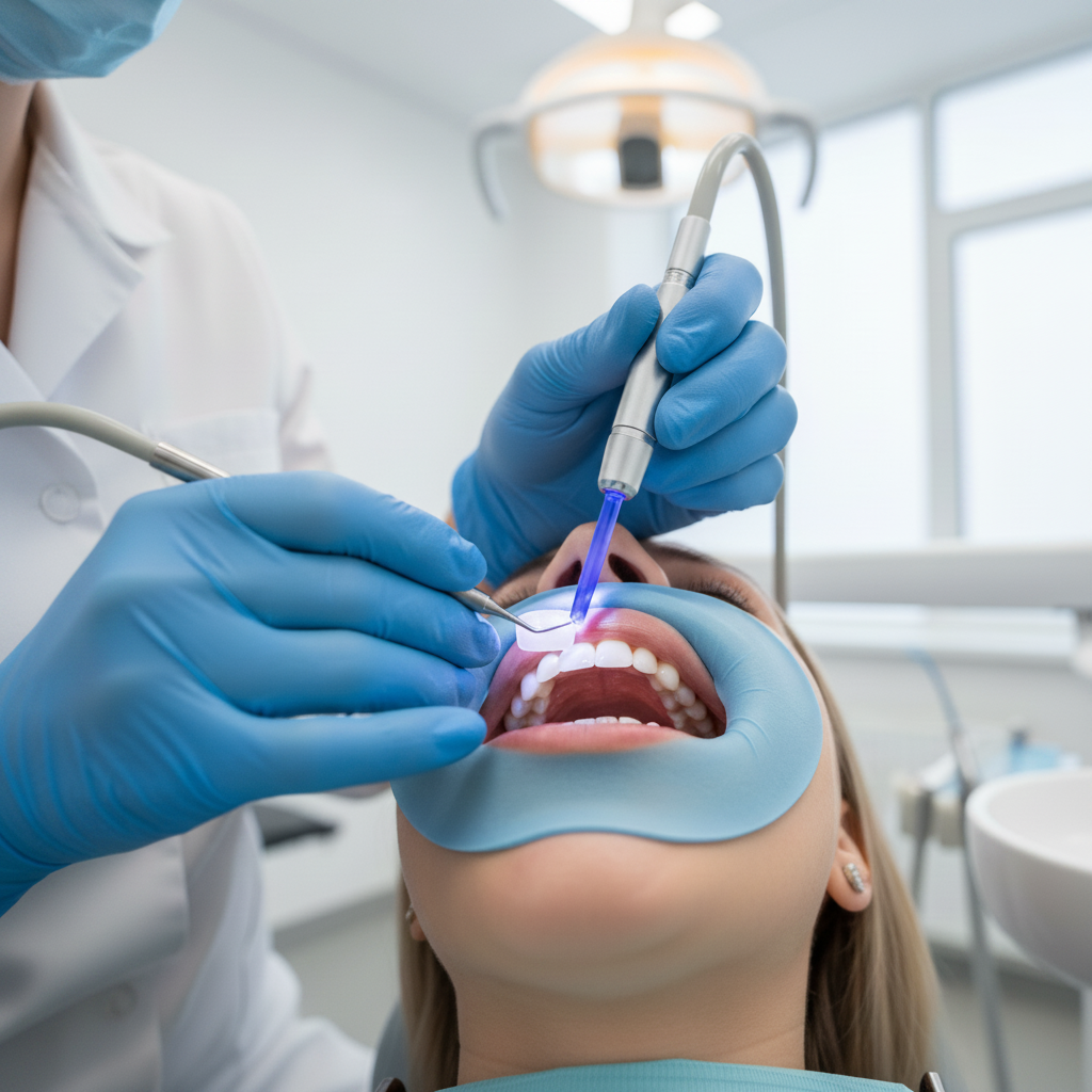 Veneers in Australia: A dentist meticulously bonding a custom-made porcelain veneer onto a patient's tooth.