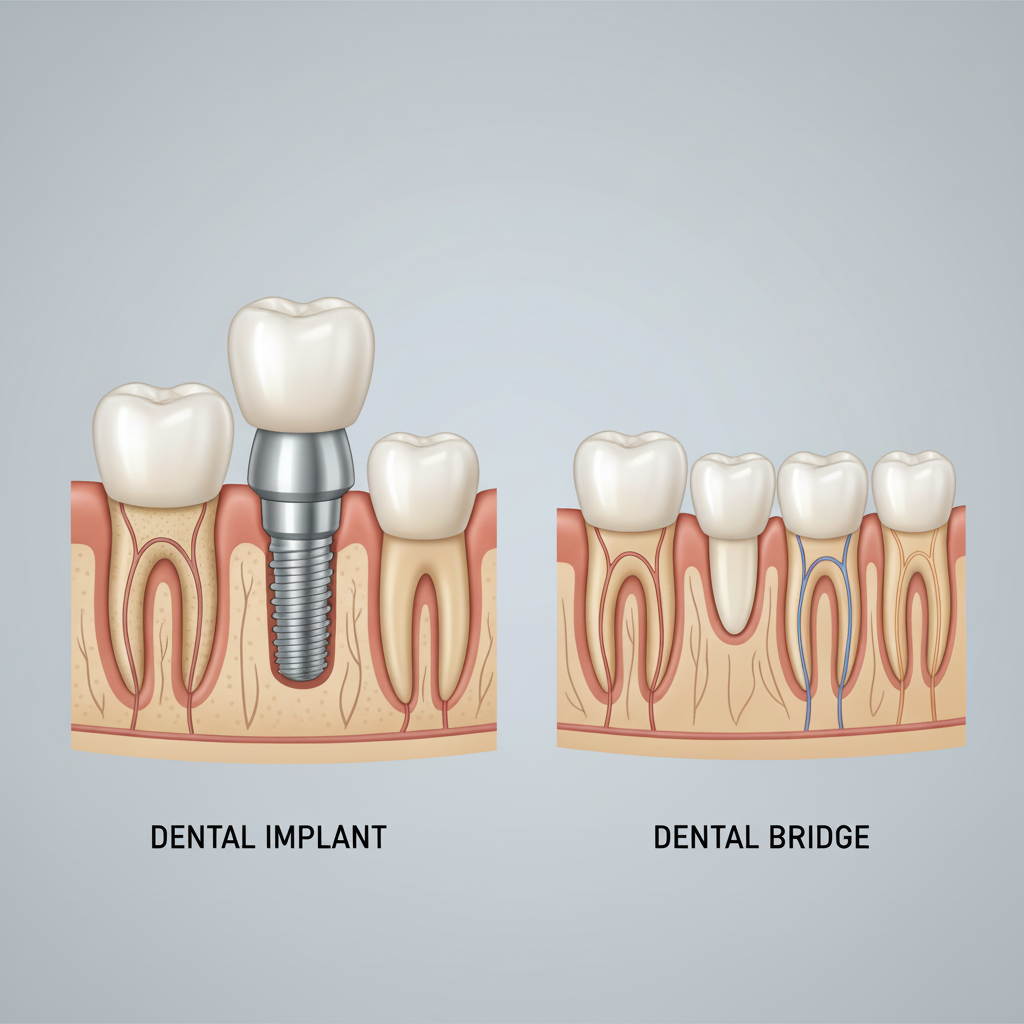 Visual differences between dental bridges and implants Dental Bridges vs Implants Australia illustrating their fundamental structural and oral health differences and implications.