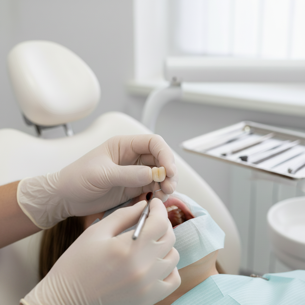 Dental Crown Cost Australia: professional dentist carefully placing a permanent dental crown on a patient's tooth.