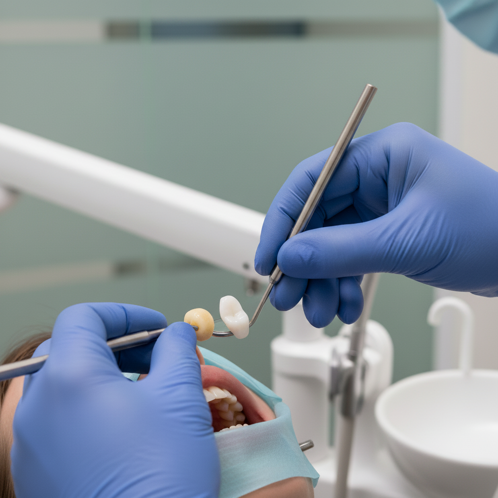 Temporary crown placement on a prepared tooth Dental Crowns Australia: Dentist meticulously places temporary crown protecting patient's prepared tooth while permanent crown made