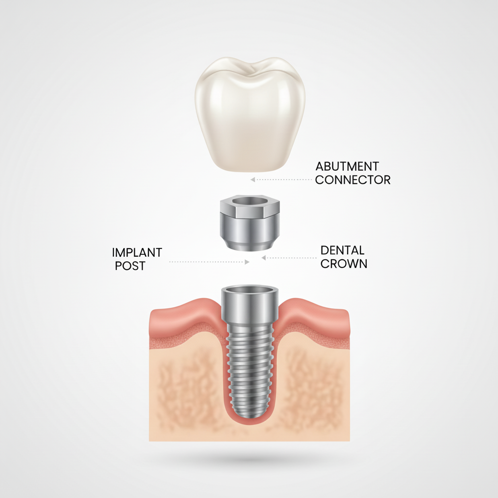 Dental Implant Procedure Australia detailed view of the three main components: post, abutment, and crown