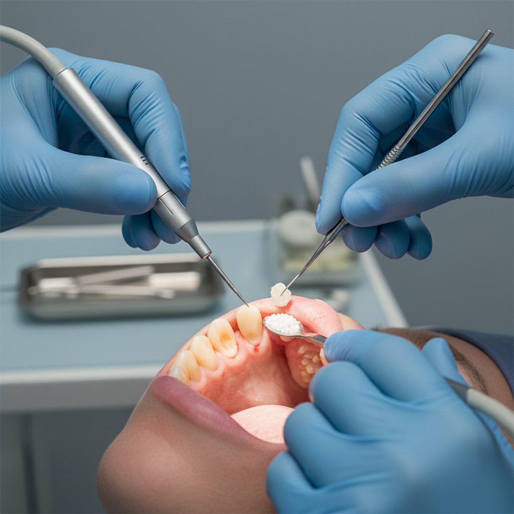 Gum Surgery Australia, periodontist meticulously cleans exposed tooth roots and reshapes bone during procedure.