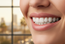 Close-up photorealistic image of a healthy, natural-looking human smile with perfect, bright teeth. The background is a blurred, modern dental clinic with a soft-focus hint of an Australian coastal city visible through a window. The image conveys confidence and oral health. No text visible.