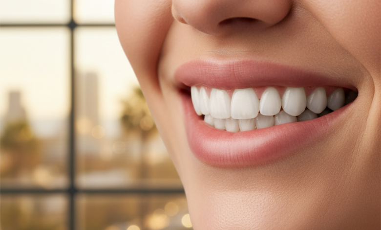 Close-up photorealistic image of a healthy, natural-looking human smile with perfect, bright teeth. The background is a blurred, modern dental clinic with a soft-focus hint of an Australian coastal city visible through a window. The image conveys confidence and oral health. No text visible.